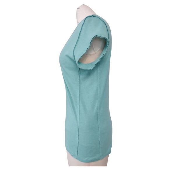 Free People Sculpted V-neck Cap Sleeve T-shirt Size L Turquoise Knit Casual Top - Picture 4 of 8